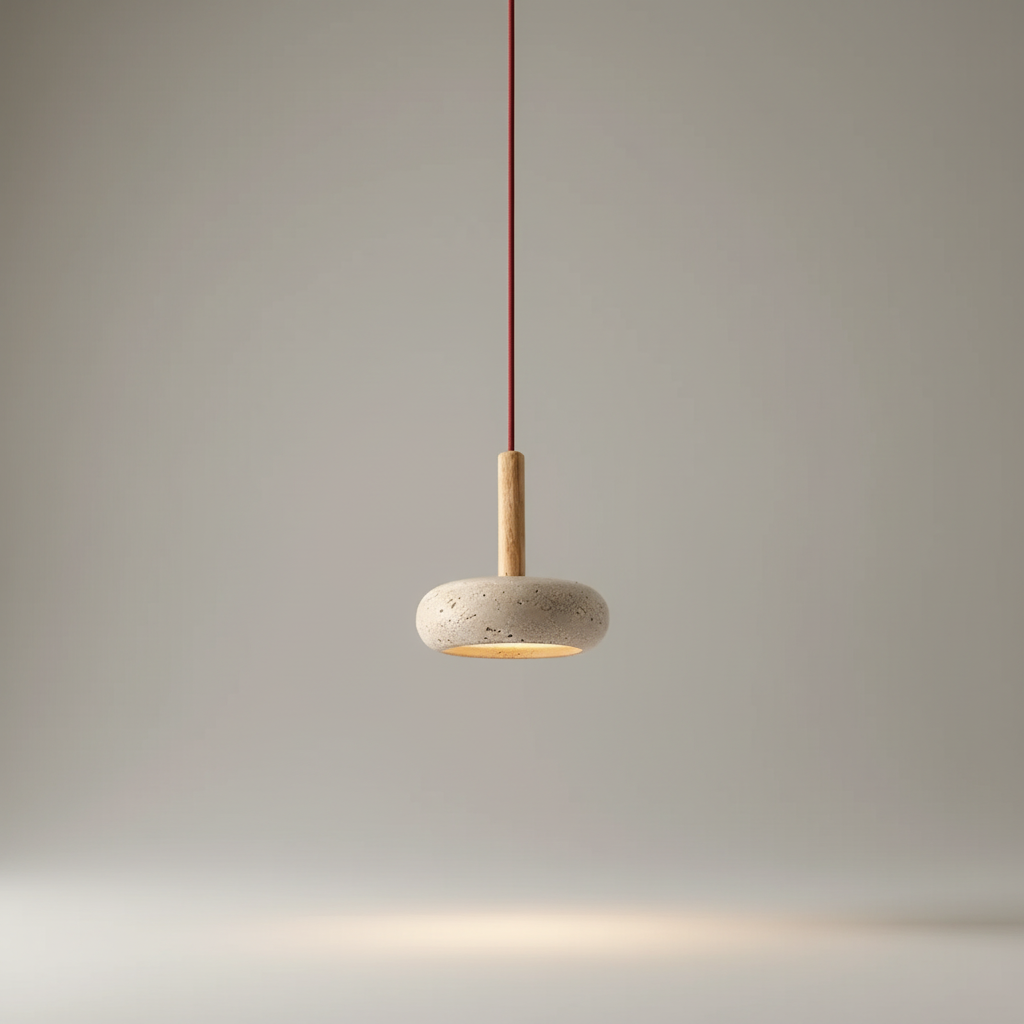 Pendellampe i stein og tre med rund, flat skjerm, Sandbeige og natur