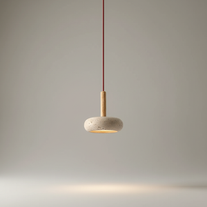 Pendellampe i stein og tre med rund, flat skjerm, Sandbeige og natur