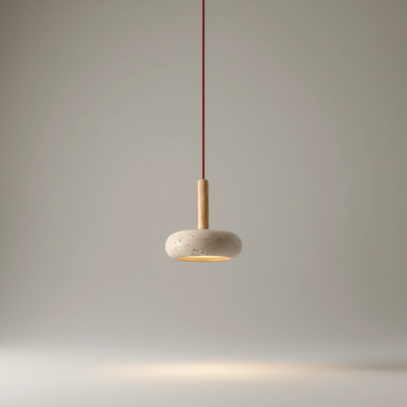 Pendellampe i stein og tre med rund, flat skjerm, Sandbeige og natur