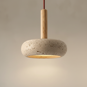 Pendellampe i stein og tre med rund, flat skjerm, Sandbeige og natur