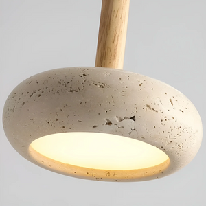 Pendellampe i stein og tre med rund, flat skjerm, Sandbeige og natur