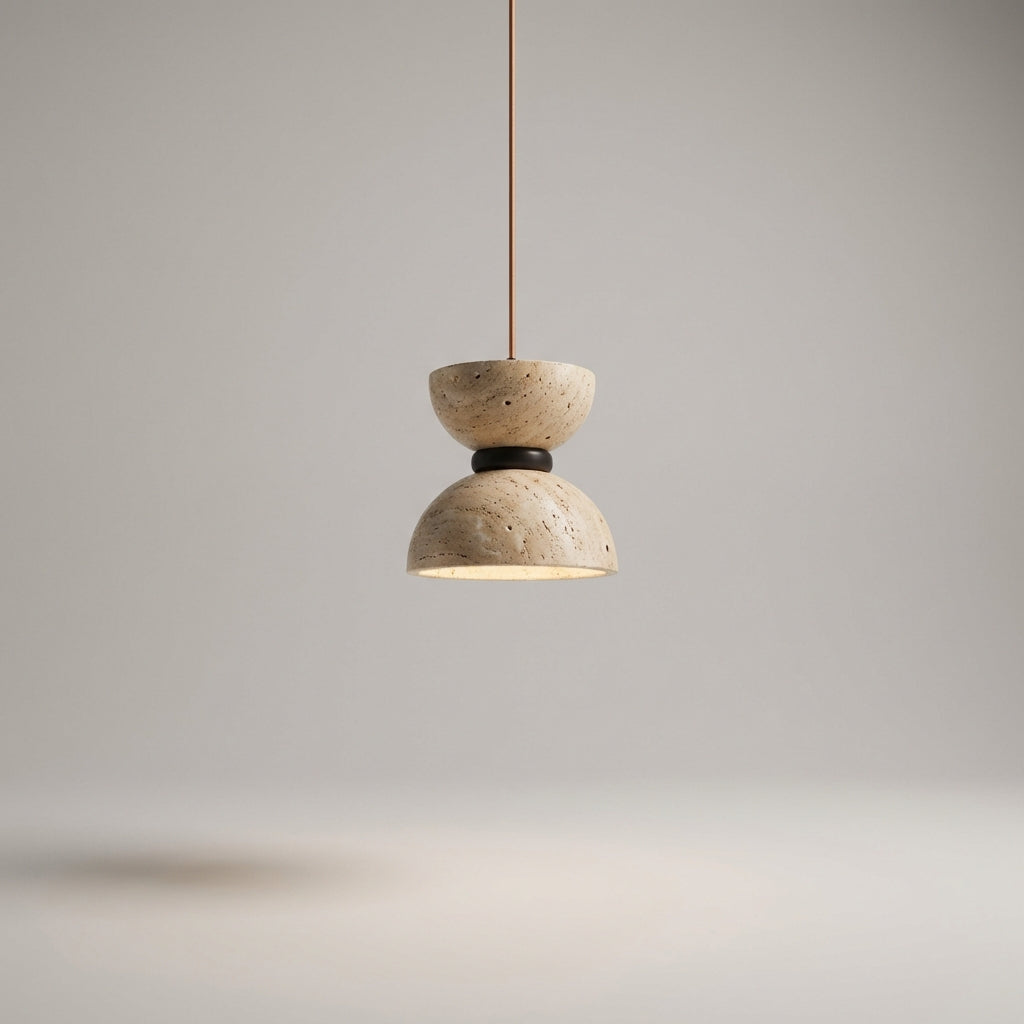 Pendellampe i travertin med timeglassform og mørk ring, Sandbeige