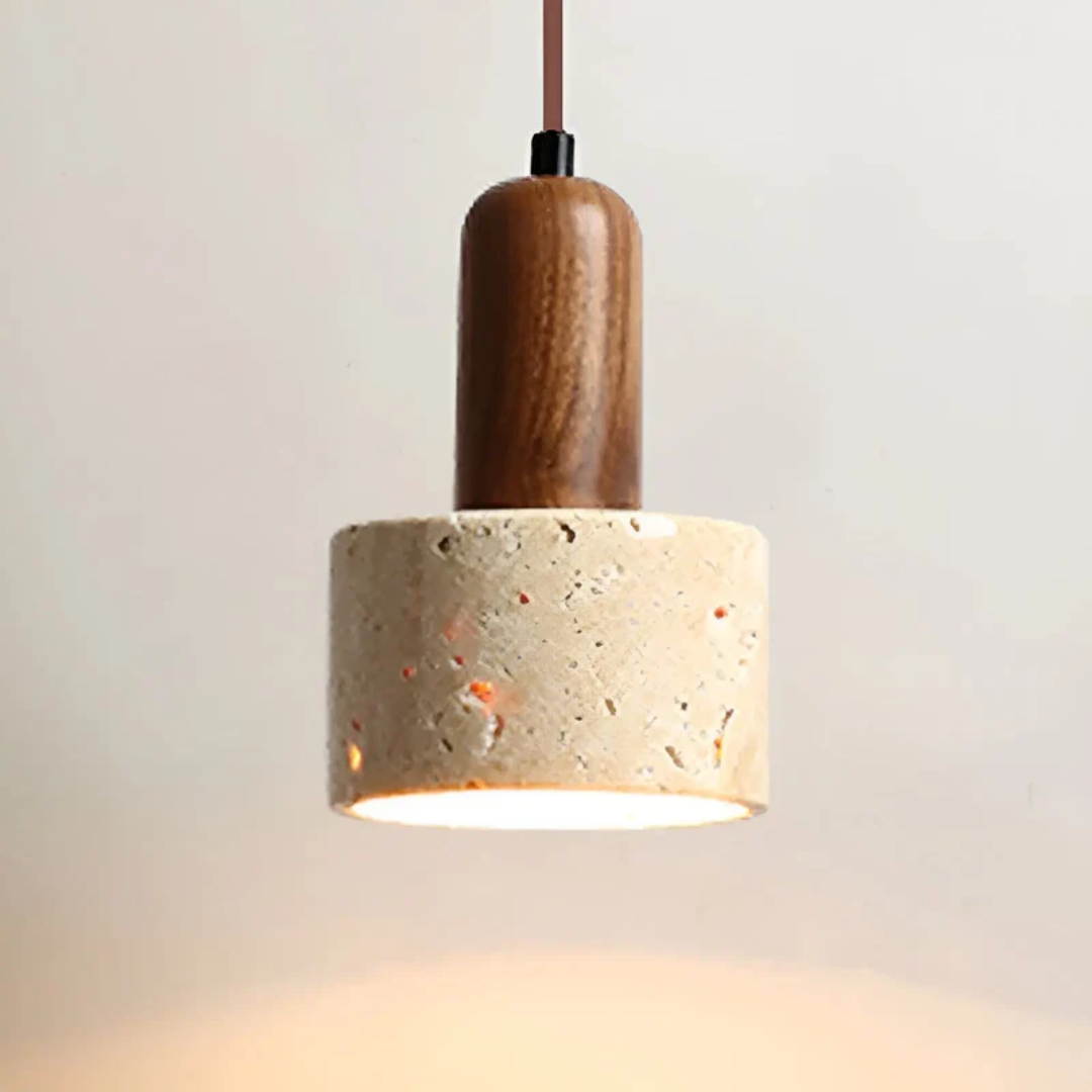 Pendellampe i travertin og valnøtt med sylinderform, Sandbeige og valnøtt