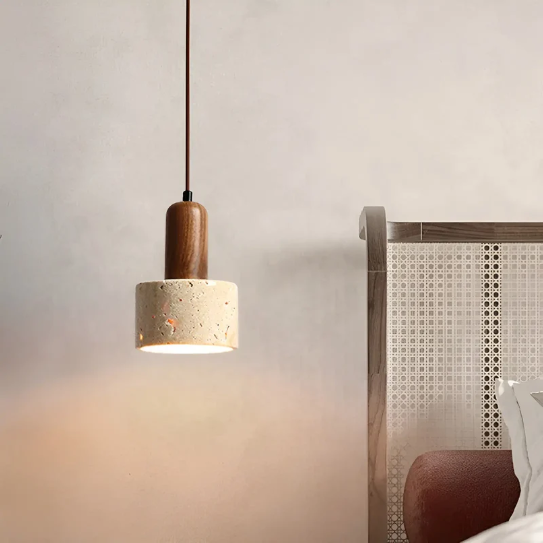 Pendellampe i travertin og valnøtt med sylinderform, Sandbeige og valnøtt