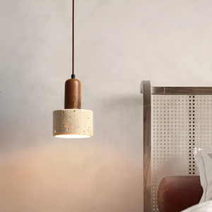 Pendellampe i travertin og valnøtt med sylinderform, Sandbeige og valnøtt