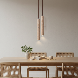 Pendellampe med smal sylinder i travertinoptikk, Sandbeige