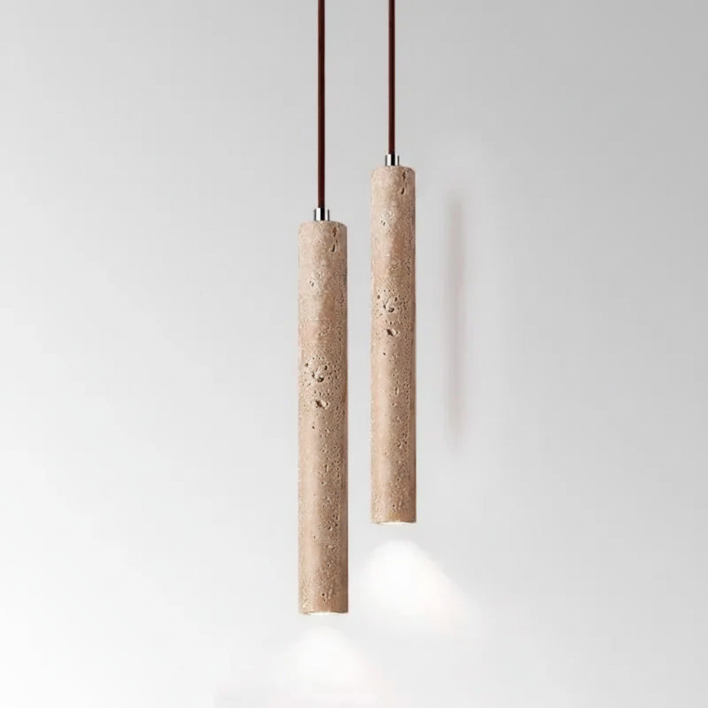Pendellampe med smal sylinder i travertinoptikk, Sandbeige