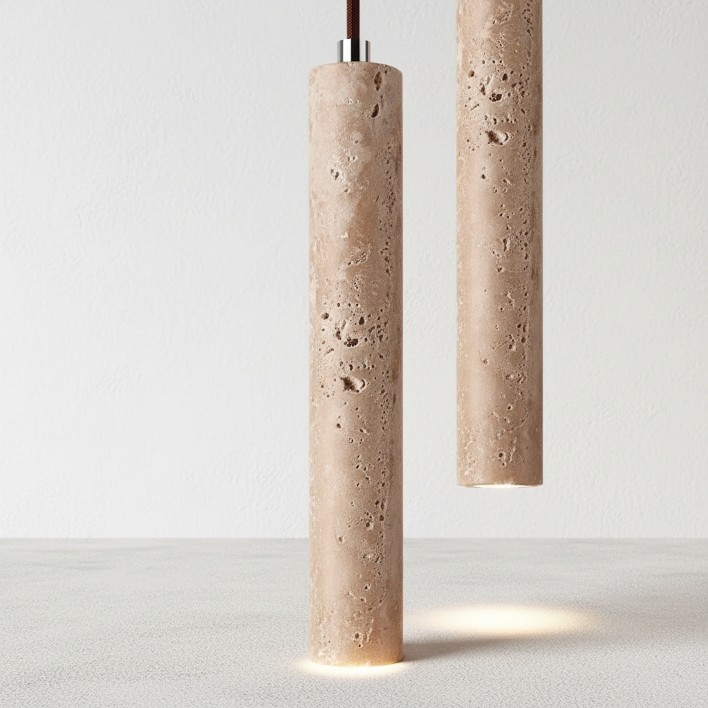 Pendellampe med smal sylinder i travertinoptikk, Sandbeige