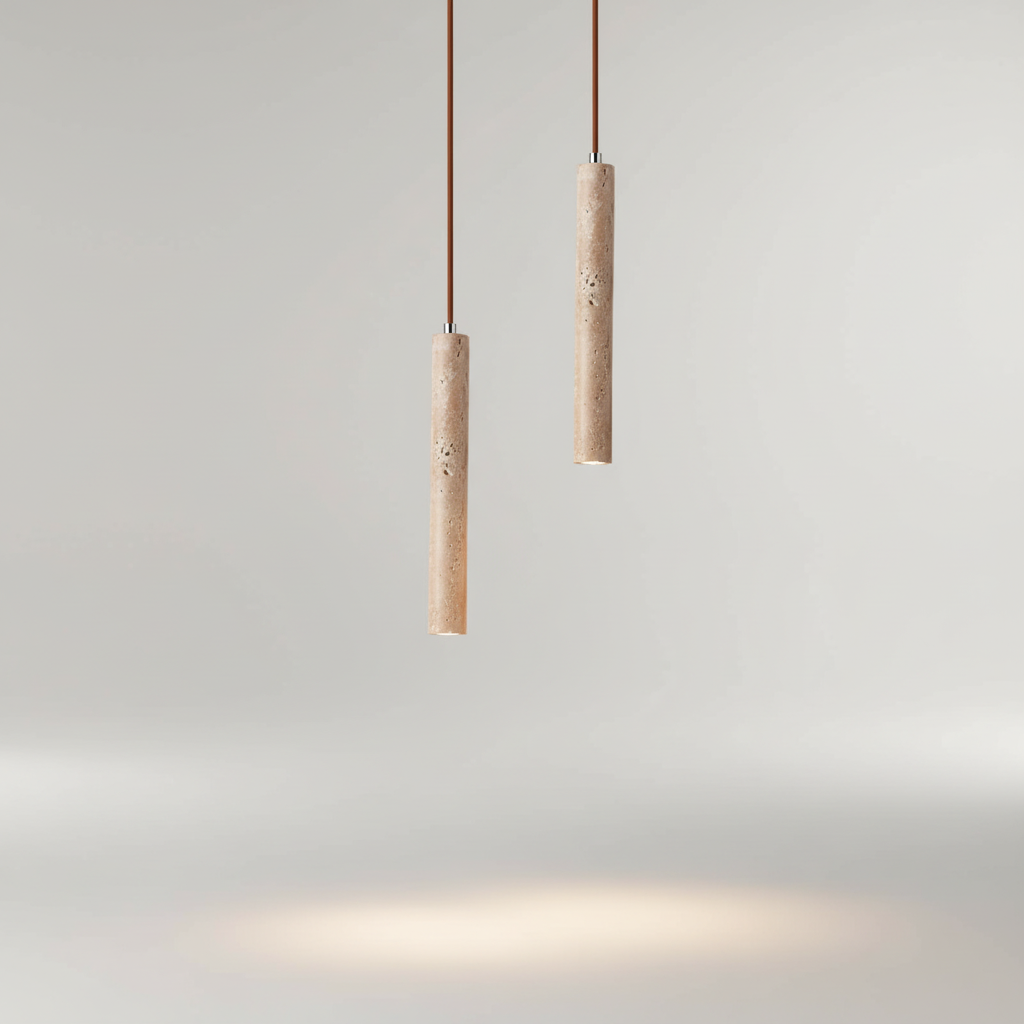 Pendellampe med smal sylinder i travertinoptikk, Sandbeige
