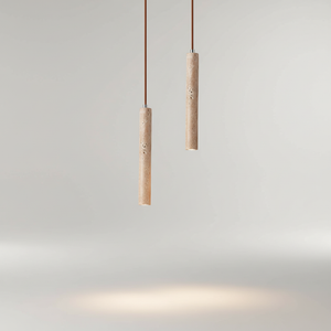 Pendellampe med smal sylinder i travertinoptikk, Sandbeige
