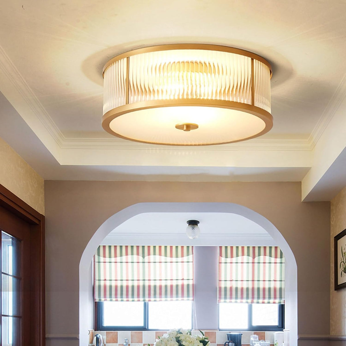 Plafond i riflet glass med gullfarget ramme i kobber, Gull og klar