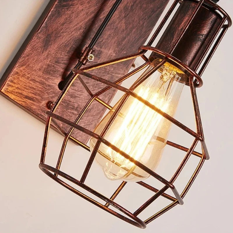 Retro vegglampe med trinse og metallbur i industristil, Antikk bronse, Rustpatina, Matt svart
