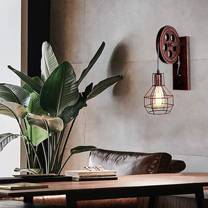 Retro vegglampe med trinse og metallbur i industristil, Antikk bronse, Rustpatina, Matt svart
