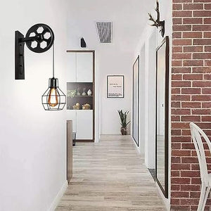Retro vegglampe med trinse og metallbur i industristil, Antikk bronse, Rustpatina, Matt svart