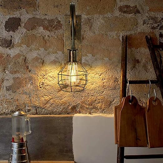Retro vegglampe med trinse og metallbur i industristil, Antikk bronse, Rustpatina, Matt svart