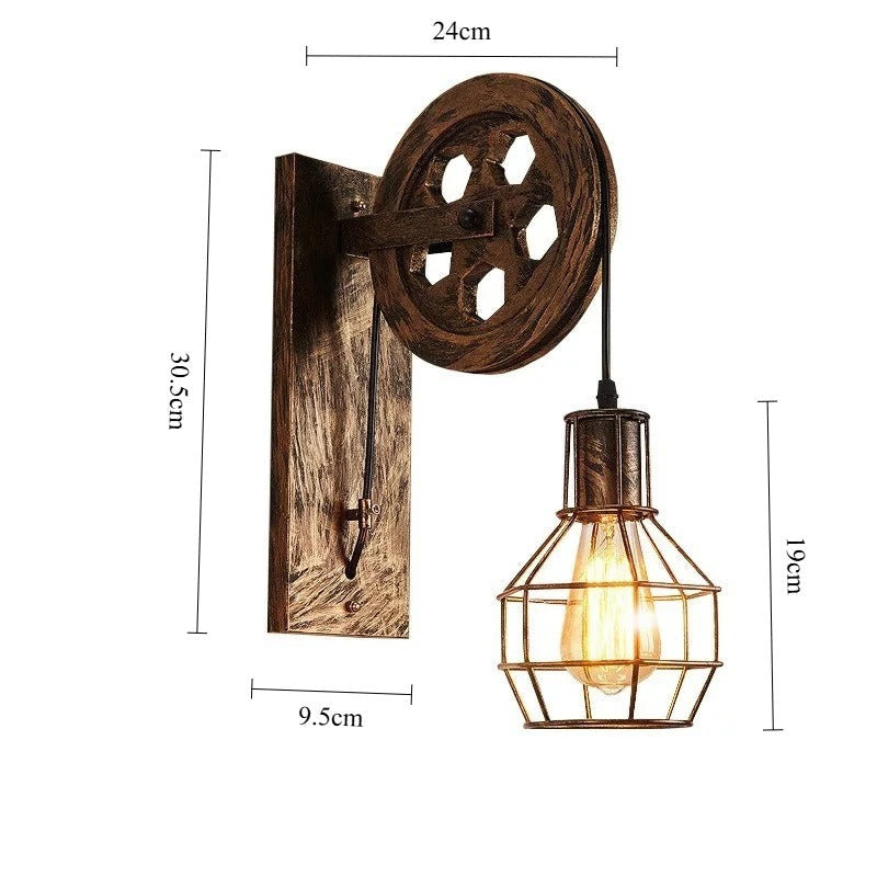 Retro vegglampe med trinse og metallbur i industristil, Antikk bronse, Rustpatina, Matt svart