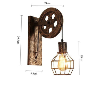 Retro vegglampe med trinse og metallbur i industristil, Antikk bronse, Rustpatina, Matt svart