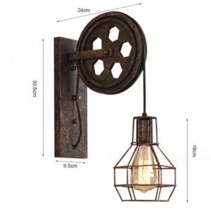 Retro vegglampe med trinse og metallbur i industristil, Antikk bronse, Rustpatina, Matt svart