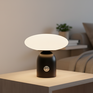Sopplampe i svart med flat, hvit skjerm og batteri, Svart og hvit