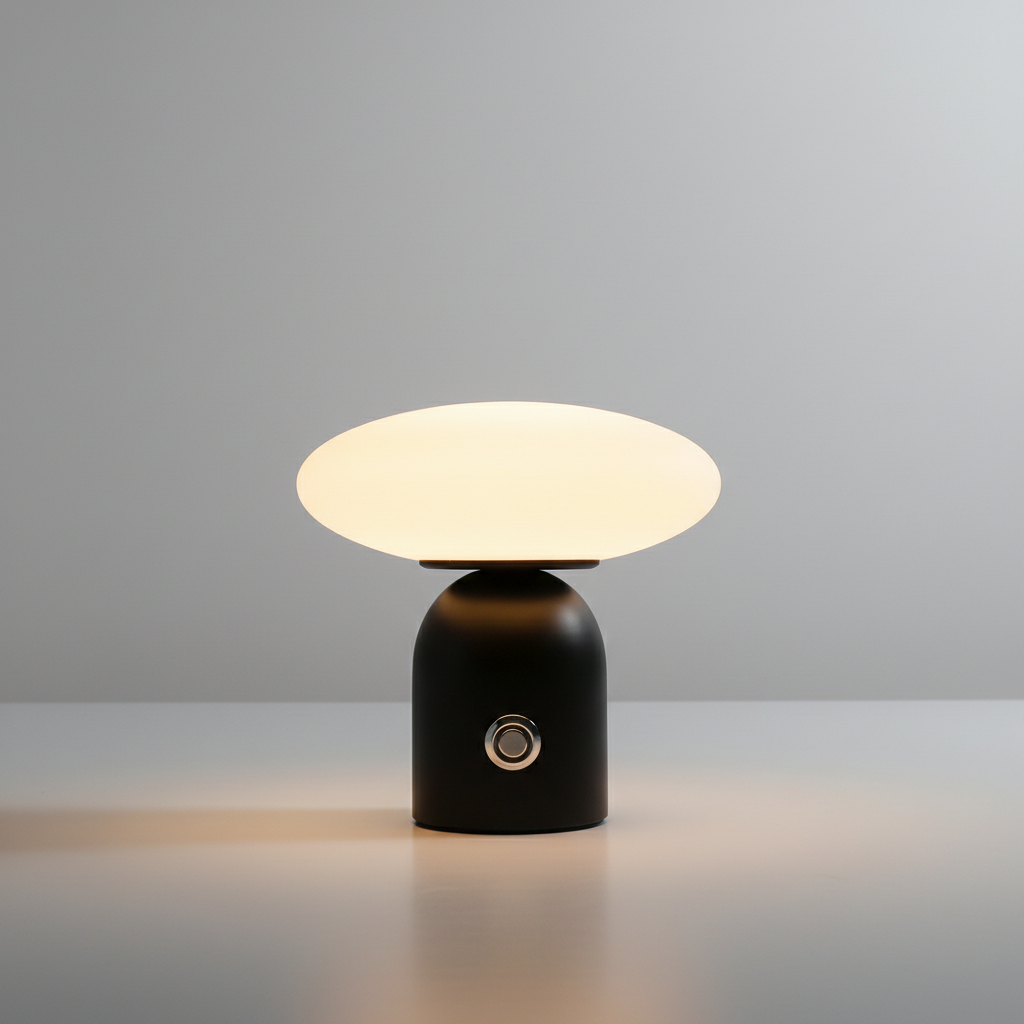 Sopplampe i svart med flat, hvit skjerm og batteri, Svart og hvit