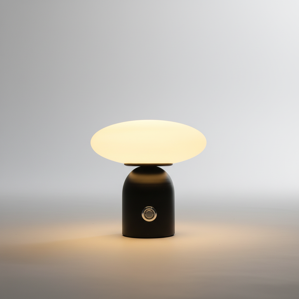 Sopplampe i svart med flat, hvit skjerm og batteri, Svart og hvit