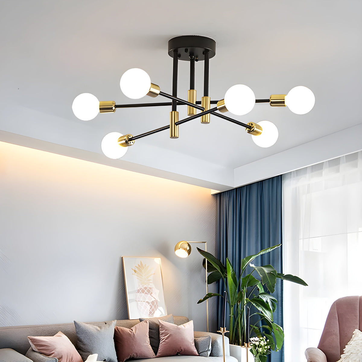 Sputnik taklampe med seks armer og hvite glasskuler, Matt svart