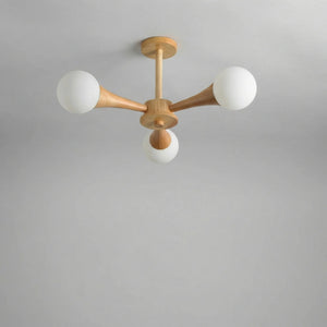 Taklampe i tre med armer og hvite kuler i glass, Natur og hvit