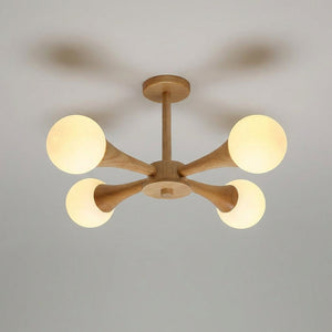 Taklampe i tre med armer og hvite kuler i glass, Natur og hvit