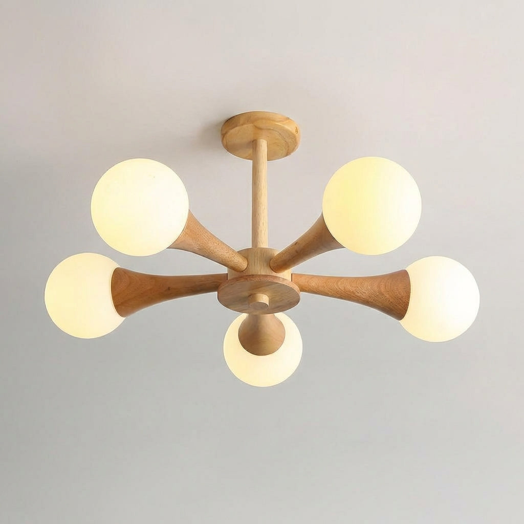 Taklampe i tre med armer og hvite kuler i glass, Natur og hvit
