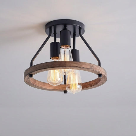 Taklampe i tre og sort metall med tre lyspunkter, Brunt tre og svart