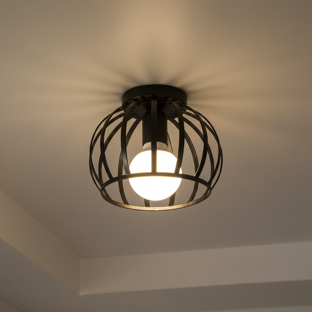 Taklampe med åpent metallbur i sort, rund kurvform, Svart