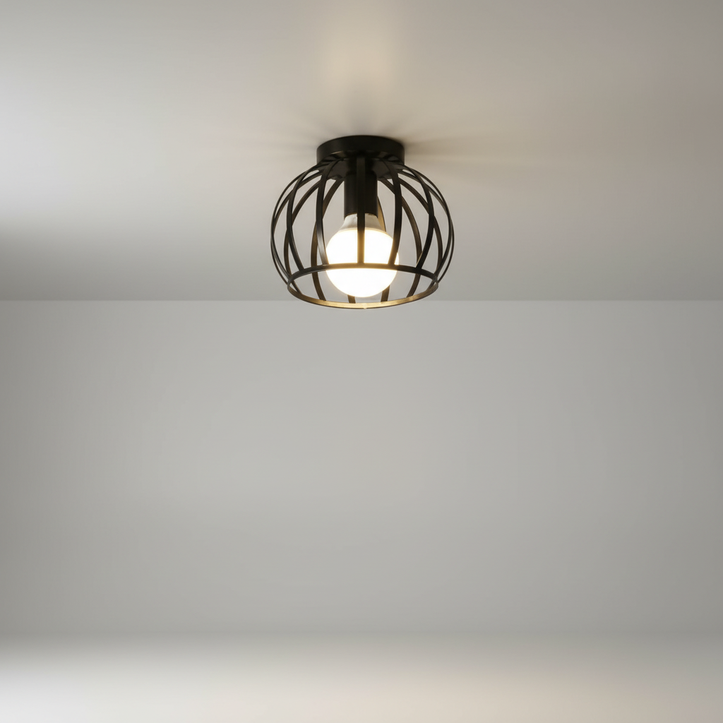 Taklampe med åpent metallbur i sort, rund kurvform, Svart