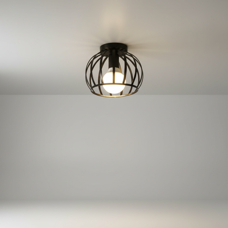 Taklampe med åpent metallbur i sort, rund kurvform, Svart