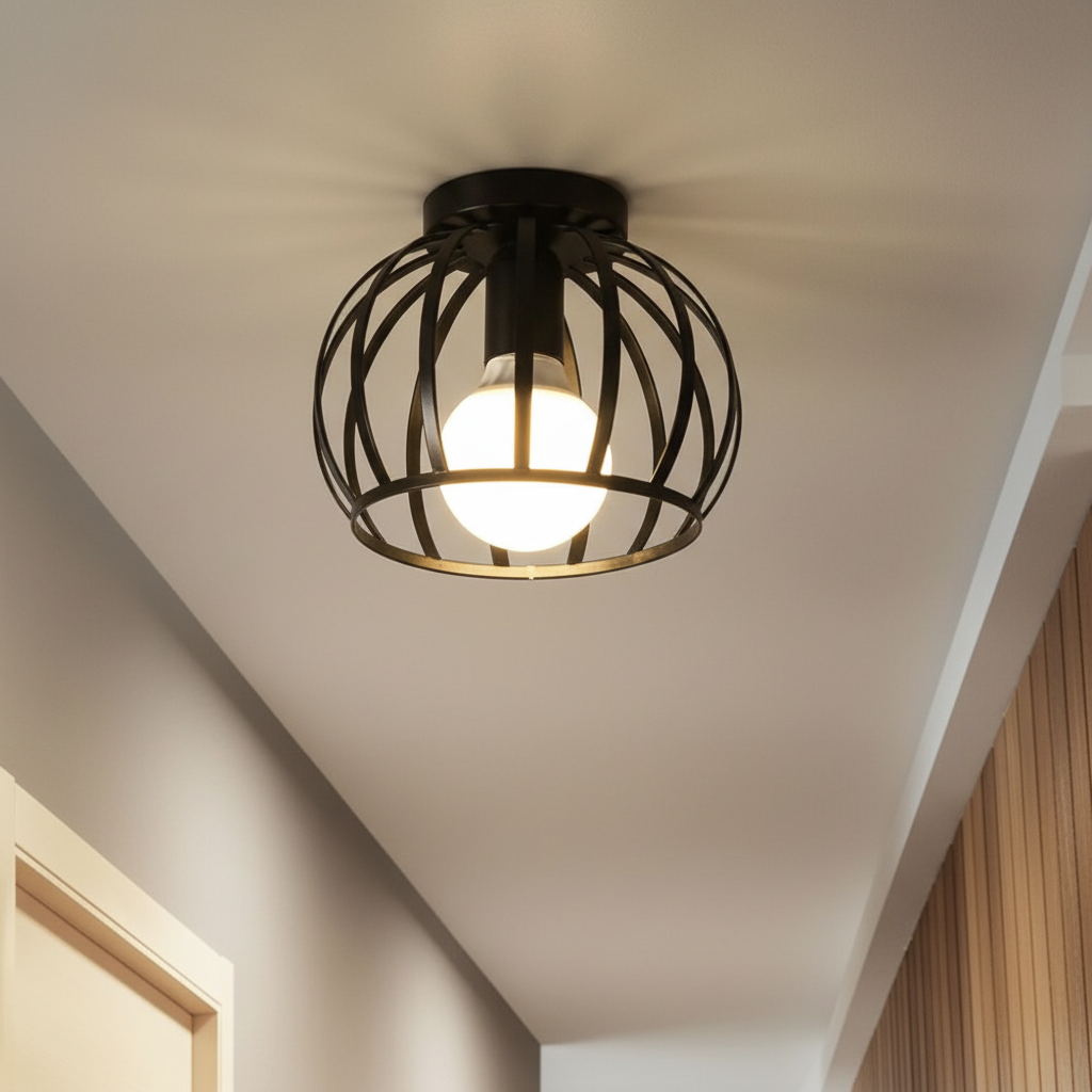 Taklampe med åpent metallbur i sort, rund kurvform, Svart