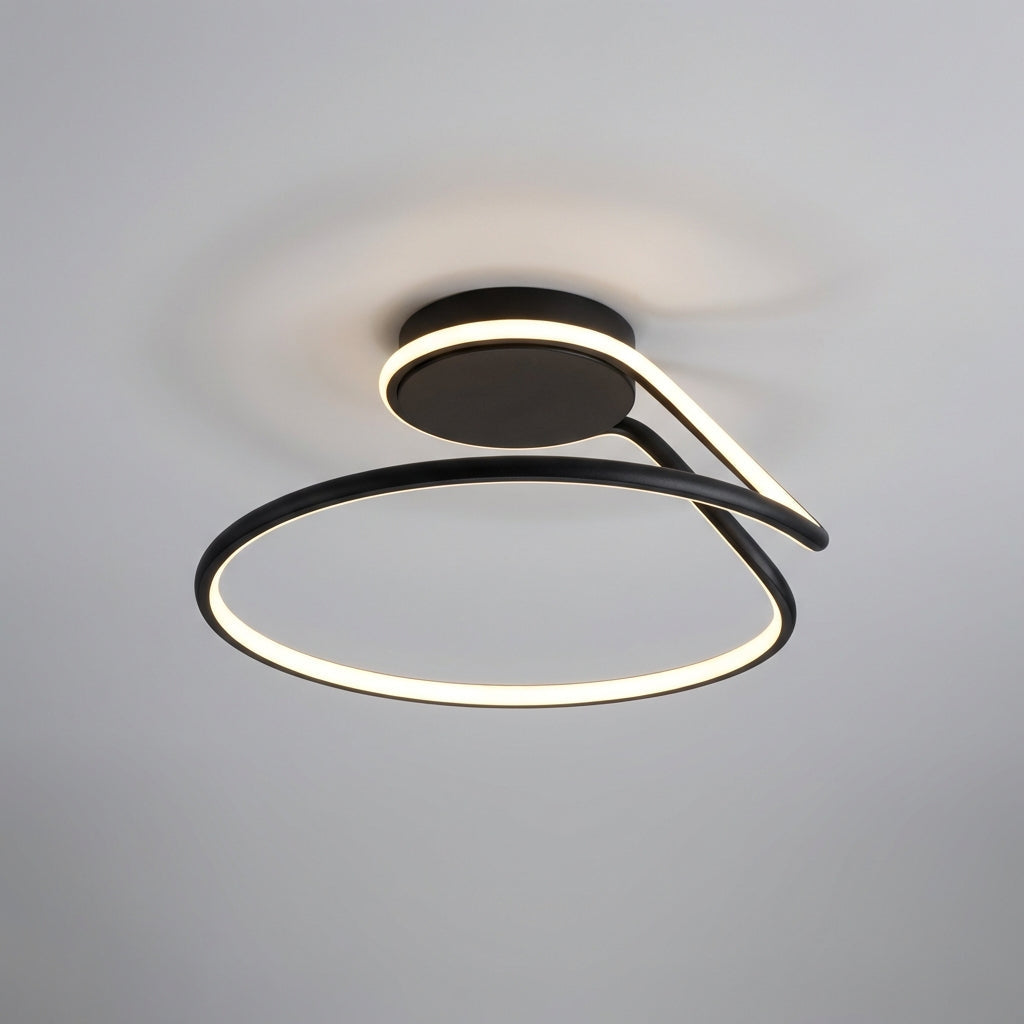 Taklampe med svart, buet lysring i moderne design, Svart