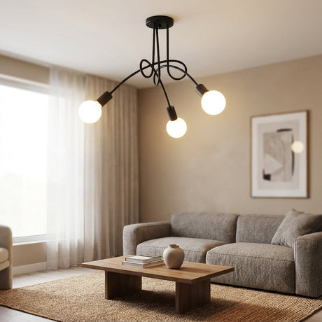Taklampe med tre svarte buede armer og synlige pærer, Svart