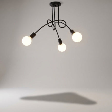 Taklampe med tre svarte buede armer og synlige pærer, Svart