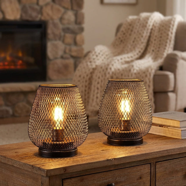 Trådløs bordlampe i sort metallnett, sett med to lamper, Svart