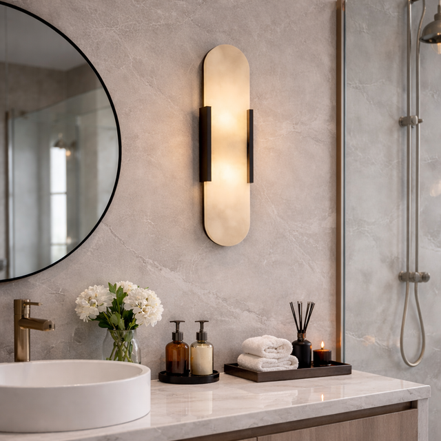 Vegglampe i marmor med oval form og metallramme, Gull, Svart