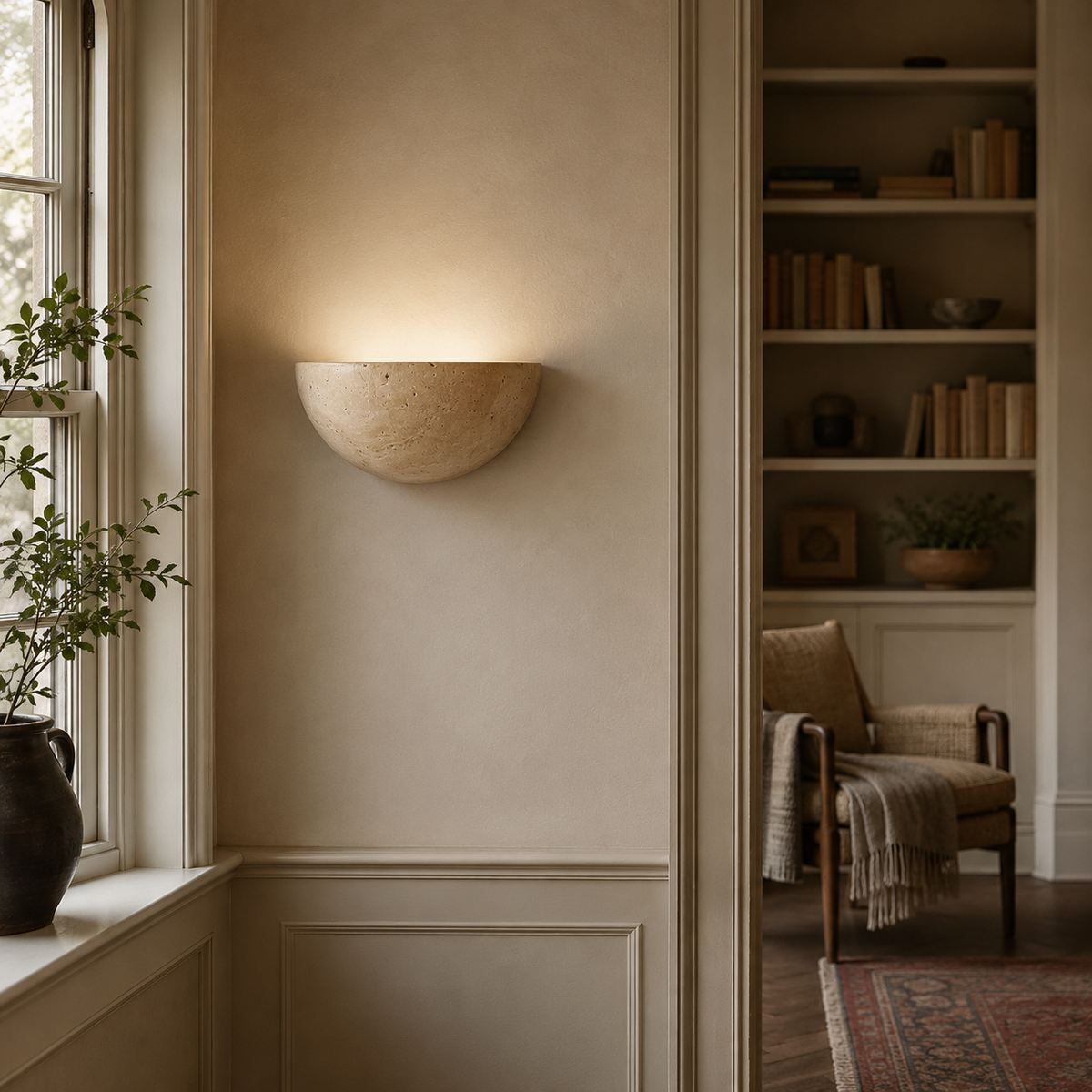 Vegglampe i travertin med halvrund skål og lys opp, Sandbeige