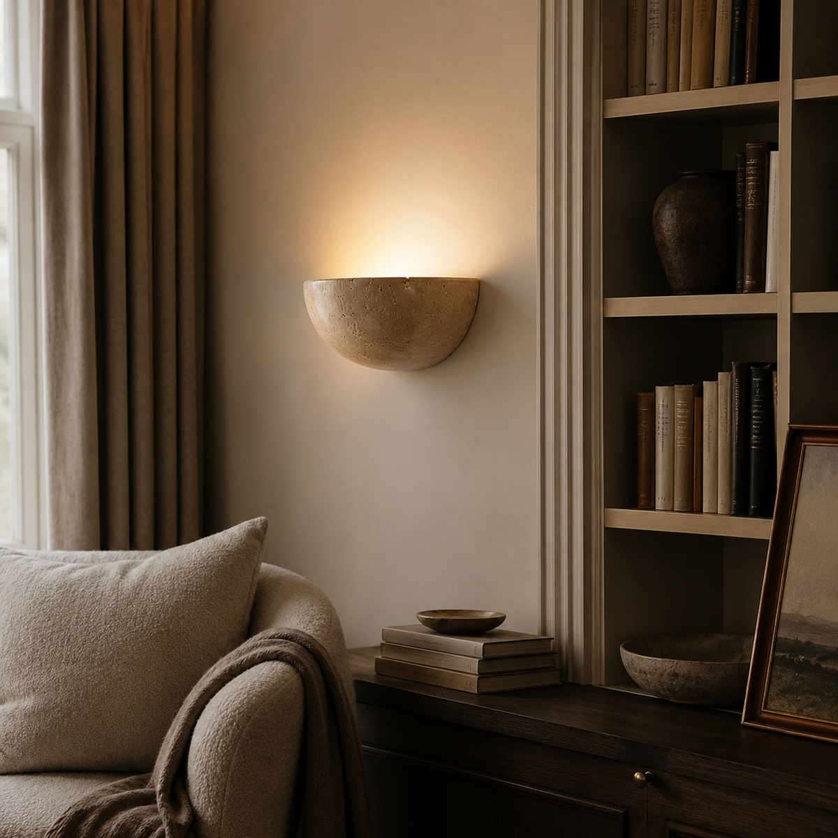 Vegglampe i travertin med halvrund skål og lys opp, Sandbeige