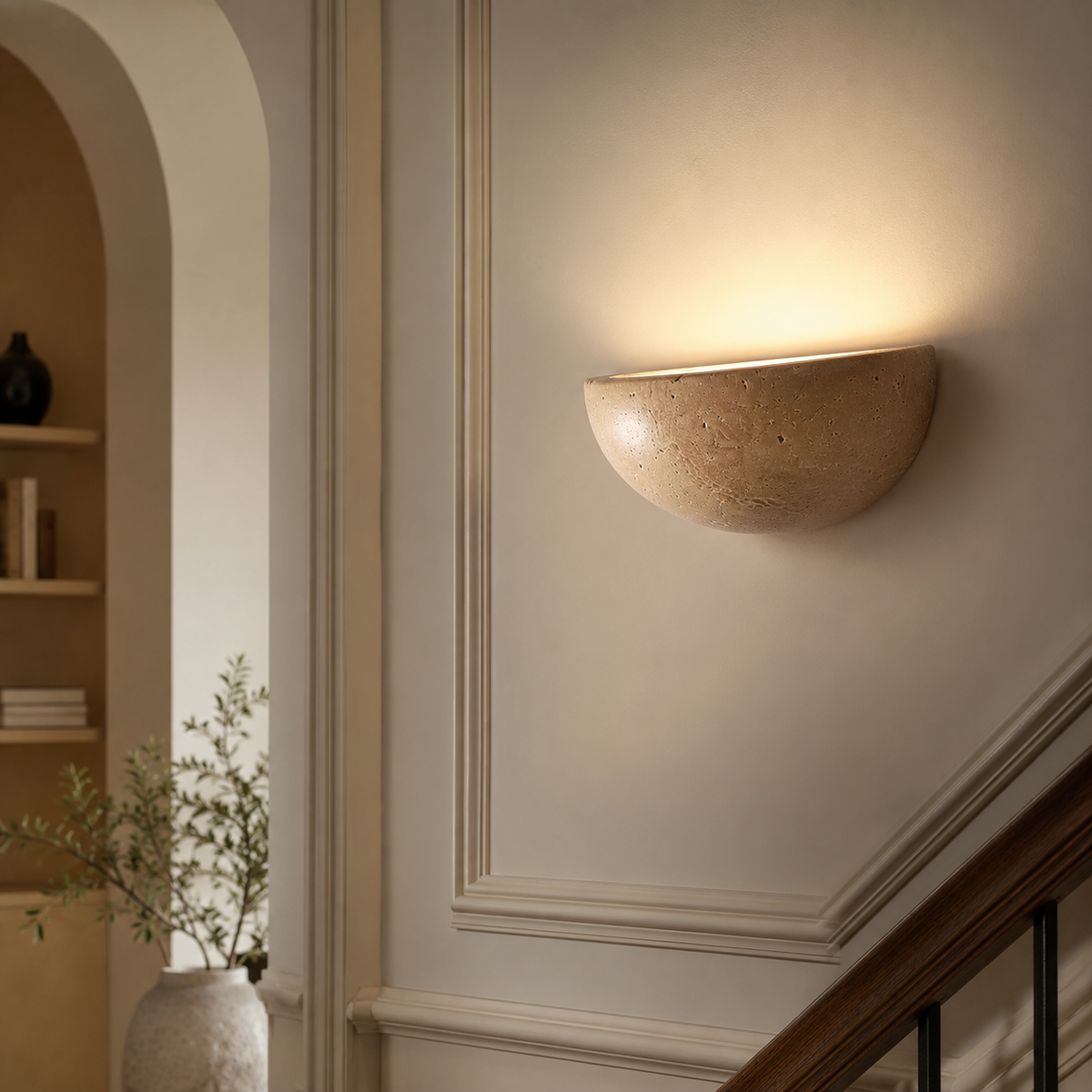 Vegglampe i travertin med halvrund skål og lys opp, Sandbeige