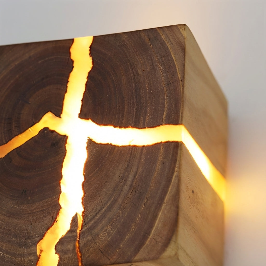 Vegglampe i tre formet som en kube med lysende sprekker, Natur