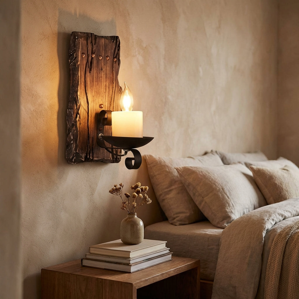 Vegglampe i vintagestil med lyspære som stearinlys på treplate, Mørk brun, hvit og svart