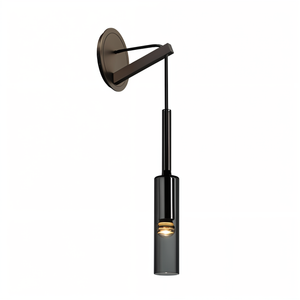 Vegglampe med hengende sylinder i røykfarget glass, Svart og røykgrå