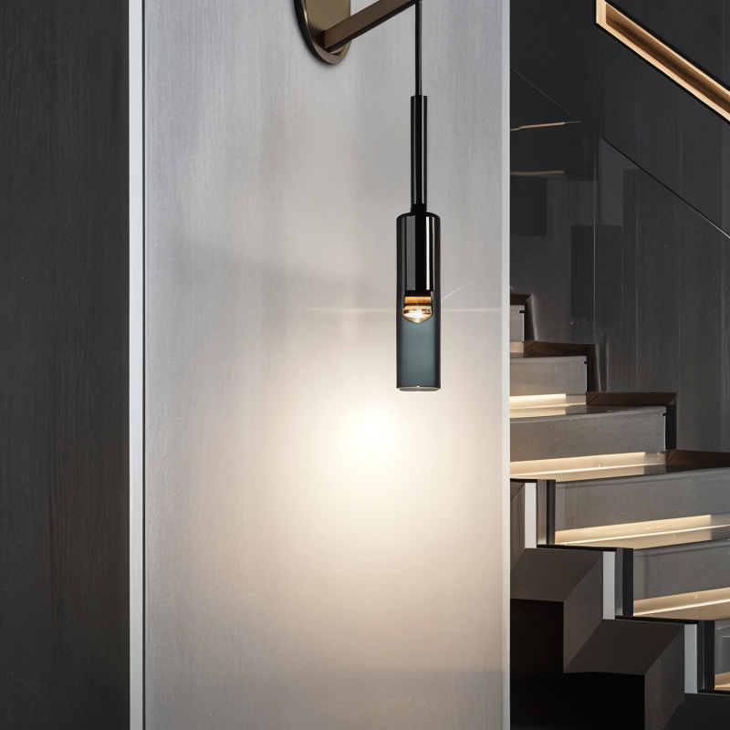 Vegglampe med hengende sylinder i røykfarget glass, Svart og røykgrå