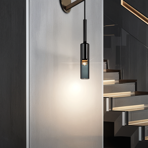 Vegglampe med hengende sylinder i røykfarget glass, Svart og røykgrå