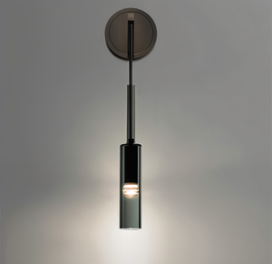Vegglampe med hengende sylinder i røykfarget glass, Svart og røykgrå