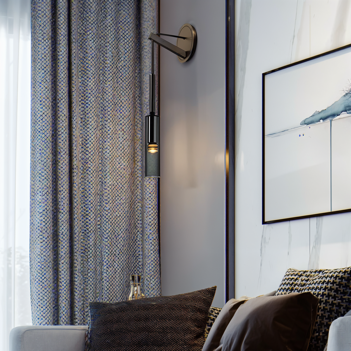 Vegglampe med hengende sylinder i røykfarget glass, Svart og røykgrå