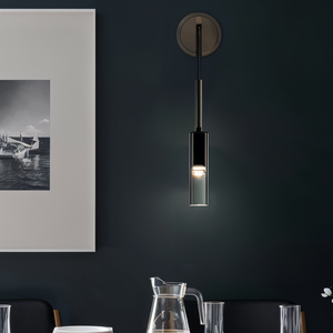 Vegglampe med hengende sylinder i røykfarget glass, Svart og røykgrå